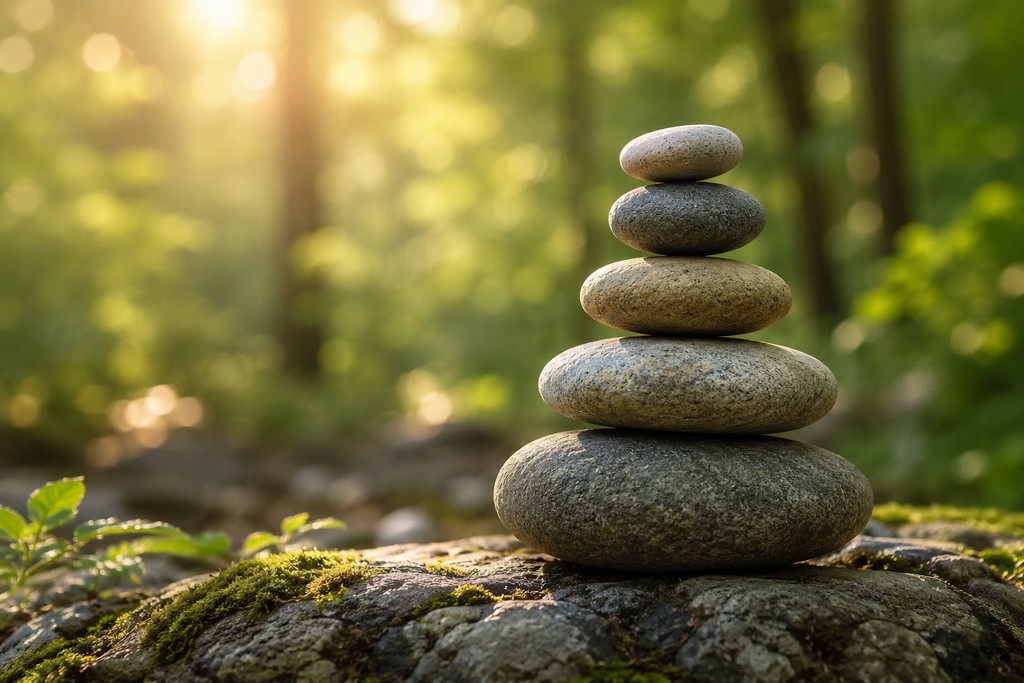 stones balanced on each other in a forest scene with soft sunlight
