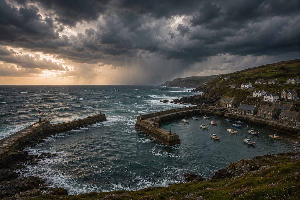 A photo of a small boats sheltering in a harbour from a fierce storm.