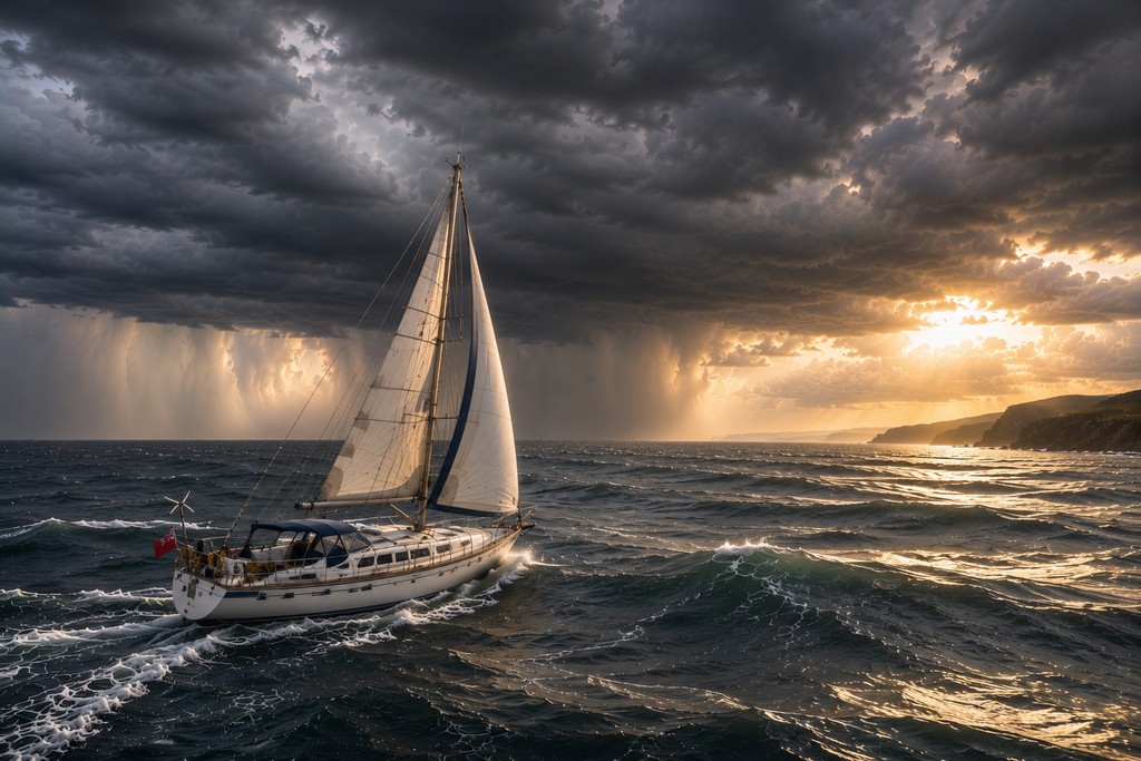 A small sailing boat navigating a fierce storm.
